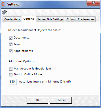 Options tab on Settings (Outlook)