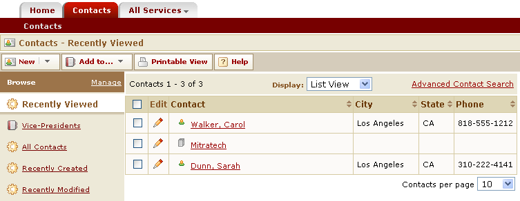 Contacts List Page (New and Add to Buttons, Edit Icon, Advanced Search Link)