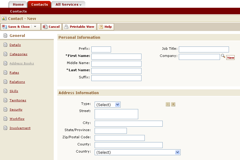 Contact Record - General Page (For New Contact)