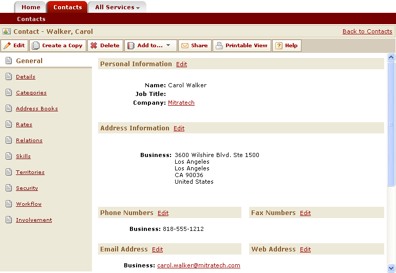 Contacts Record - General Page (For Existing Contact with Edit, Create a Copy, Delete, Add to, Share Buttons)