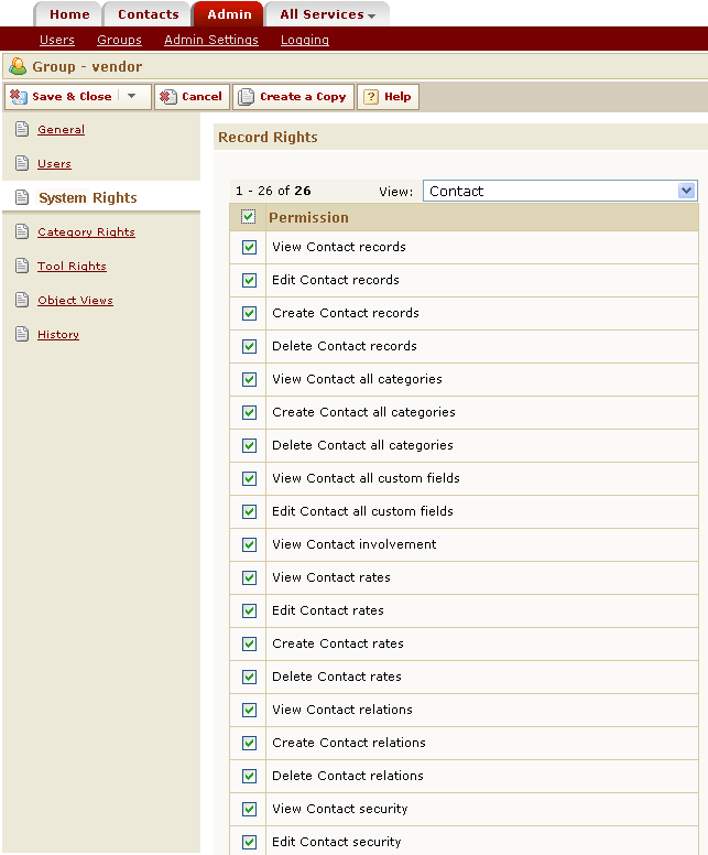 Group Record - System Rights Page (Part of Rights List for Contacts)