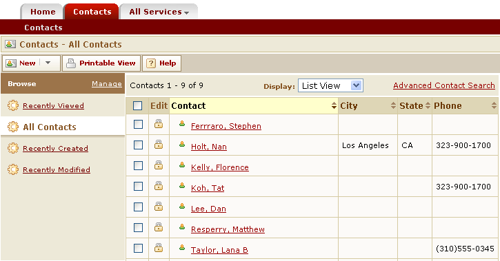 Contacts List Page (New Button)