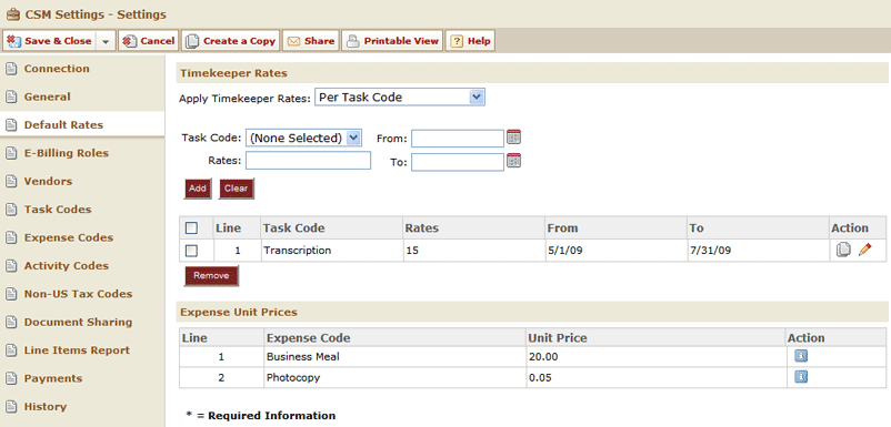 CSM Settings Level Default Rates Page