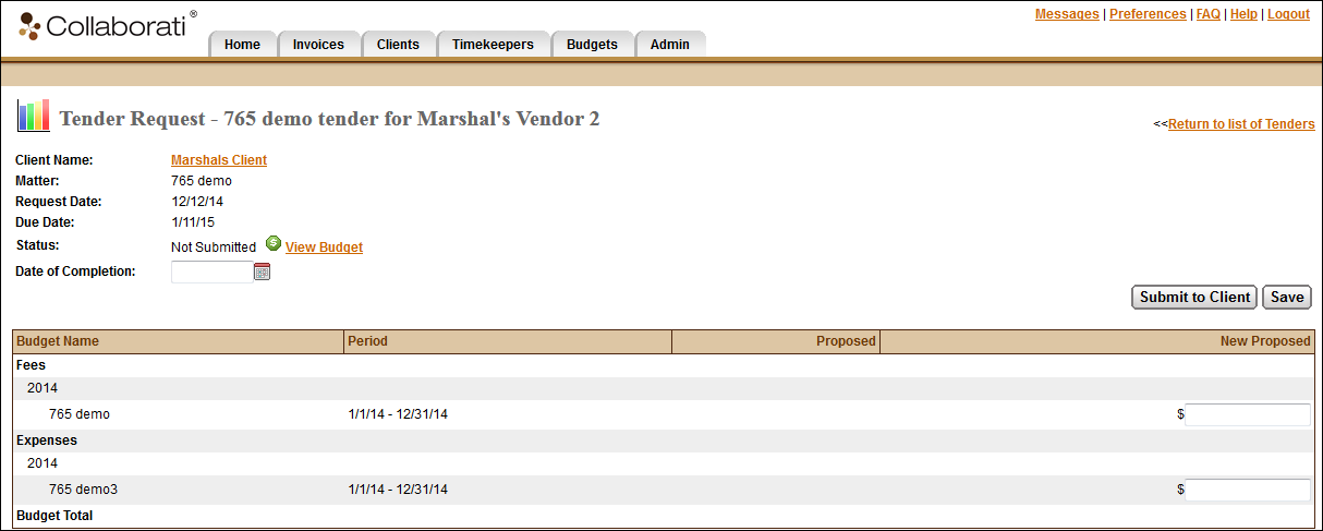 Tender Request View in Collaborati
