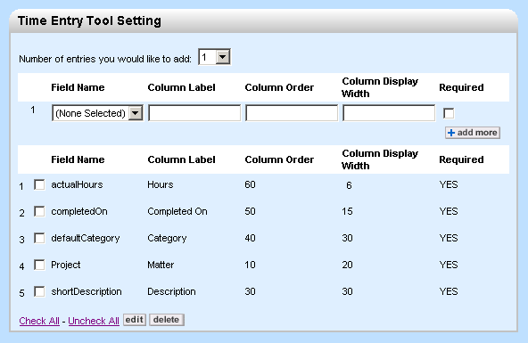 Time Entry Settings, Time Entry Tool Setting Block
