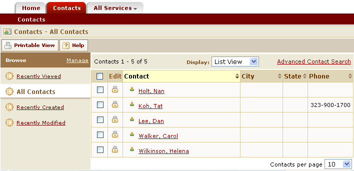 Contacts List Page