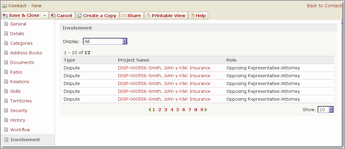 Contacts Involvement Page