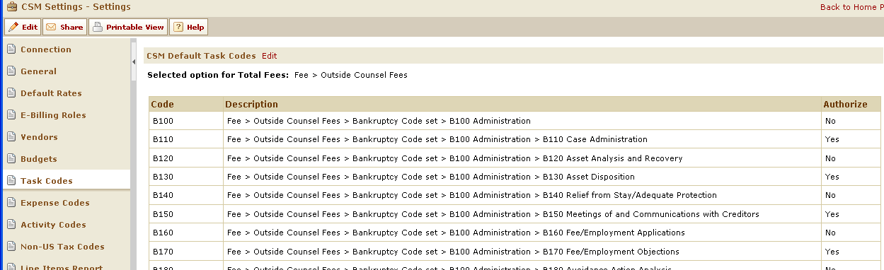 CSM Settings Level Task Codes Page