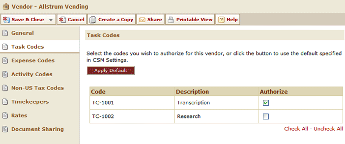 Vendor Account Level Task Code Page