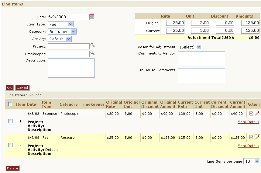 Invoice General Page, Line Items Section--Editing Line Item #2 Invoice General Page, Line Items Section--Editing Line Item #2
