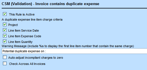 Invoice Contains Duplicate Expense Rule Settings