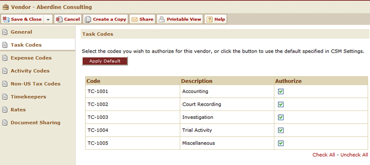 CSM Vendor - Task Codes Page