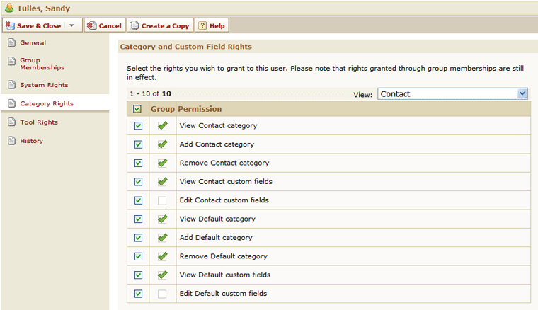 User - Category Rights Page with Contact View (Edit Mode for Users Created in TeamConnect 2.5 SP4 or Earlier)