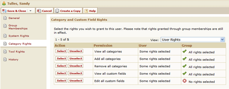 User - Category Rights Page with Global User Rights View (Edit Mode for Users Created in TeamConnect 2.5 SP4 or Earlier)
