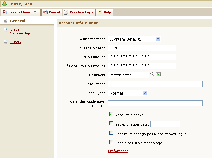 User Record - General Page
