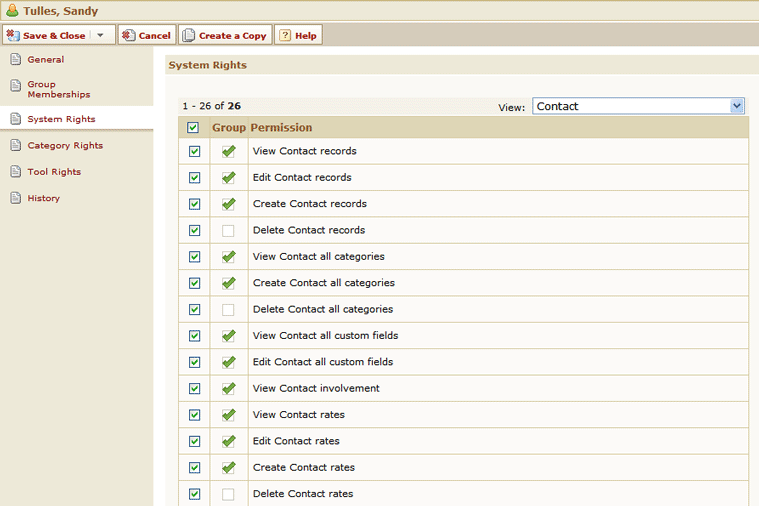 User Record - System Rights Page for Contact Rights (Edit Mode for Users Created in TeamConnect 2.5 SP4 or Earlier) User Record - System Rights Page for Contact Rights (Edit Mode for Users Created in TeamConnect 2.5 SP4 or Earlier)