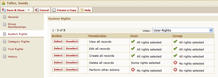 User Record - System Rights Page for Global User Rights (Edit Mode for Users Created in TeamConnect 2.5 SP4 or Earlier) User Record - System Rights Page for Global User Rights (Edit Mode for Users Created in TeamConnect 2.5 SP4 or Earlier)