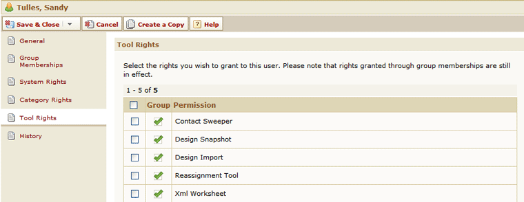 User - Tool Rights Page (Edit Mode for Users Created in TeamConnect 2.5 SP4 or Earlier)