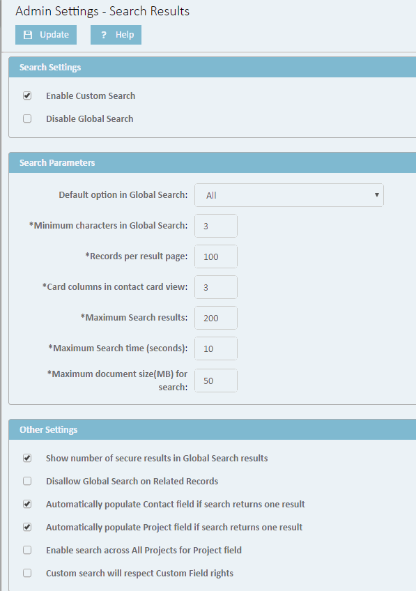 Admin Settings for Search