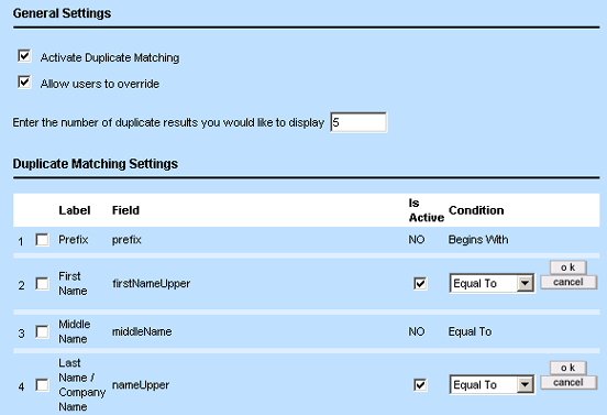 Duplicate Contact Manager Settings Screen