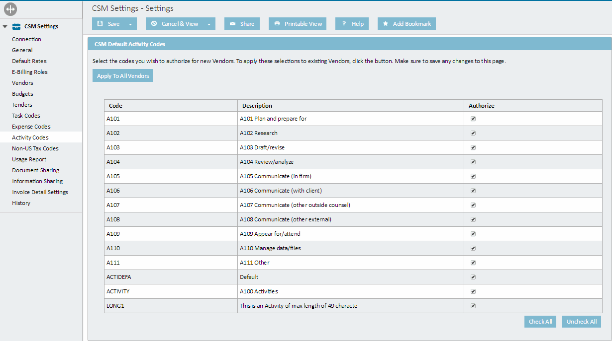 Activity Codes Page