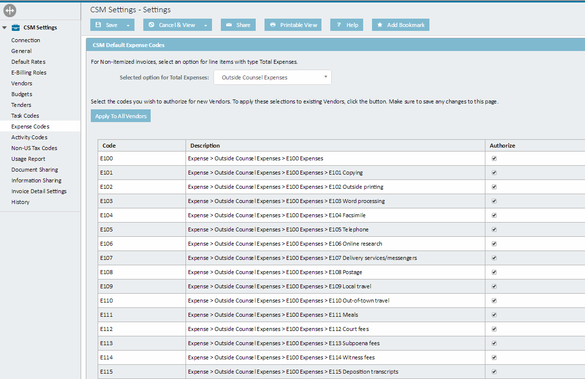 Expense Codes Page