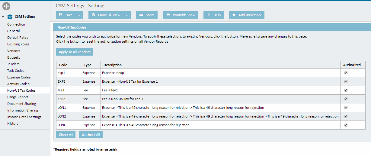 Non-US Tax Codes Page