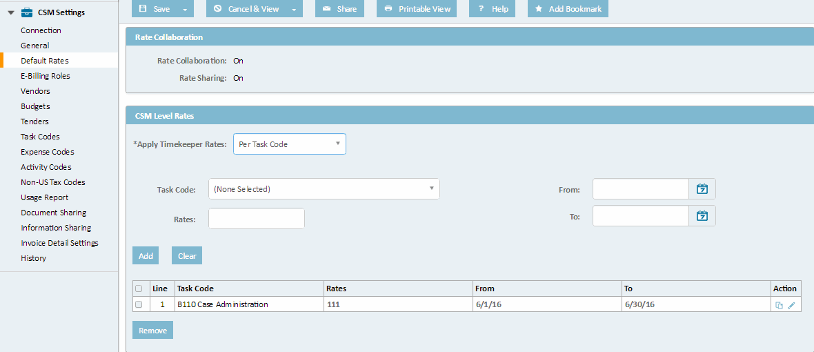 CSM Settings Level Default Rates Page