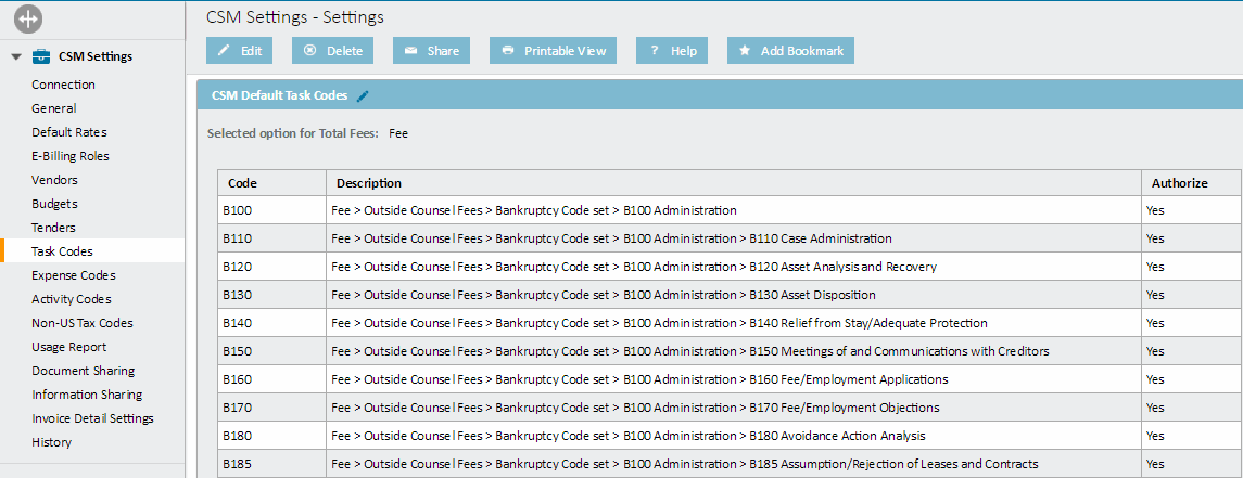 CSM Settings Level Task Codes Page