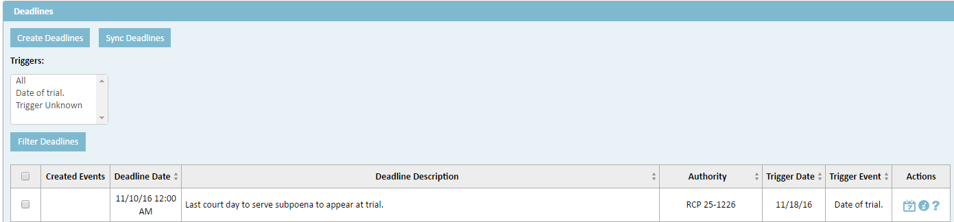 Example of the Deadlines Page