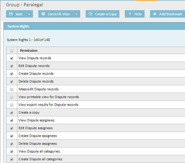 Group System Rights for Dispute (Custom Object)