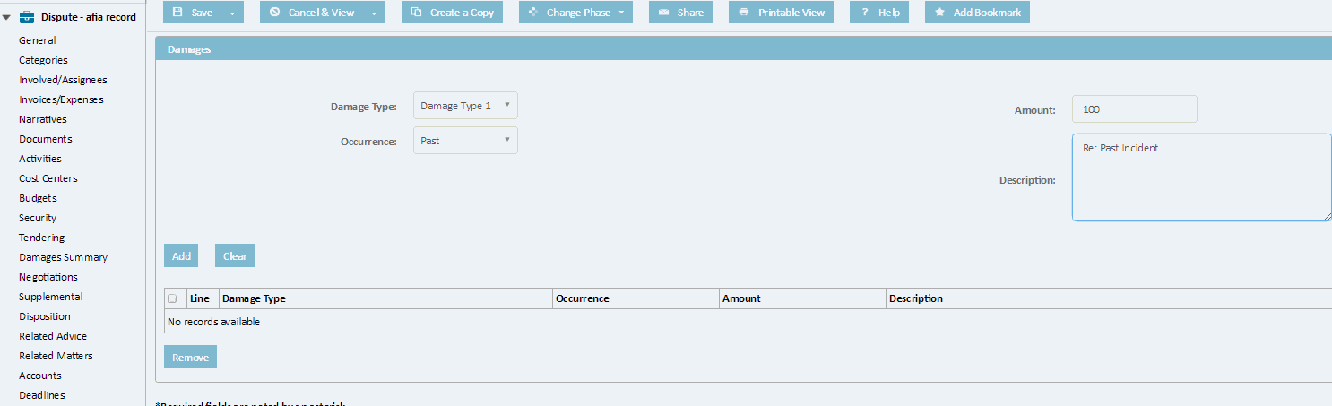 Disputes Damages Summary Page