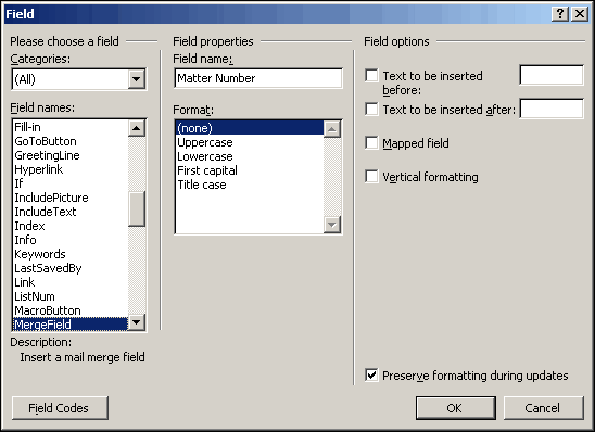 Creating a merge field in Microsoft Word 2002