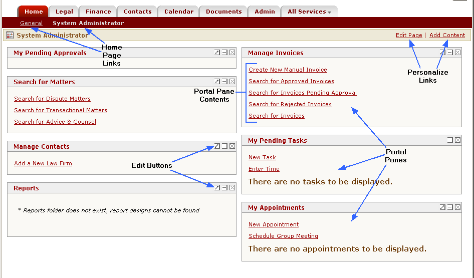 Administrator End-User Home Page Components