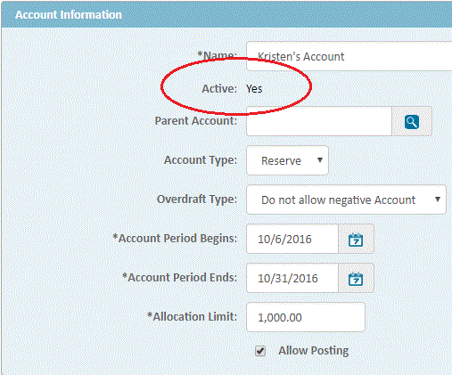 Account Period on the General Page