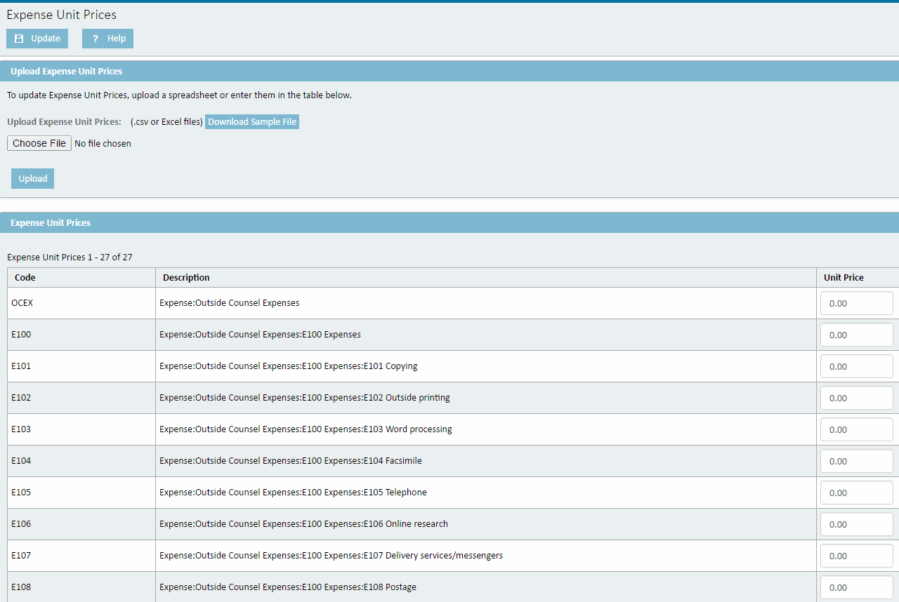 Expense Unit Prices Page