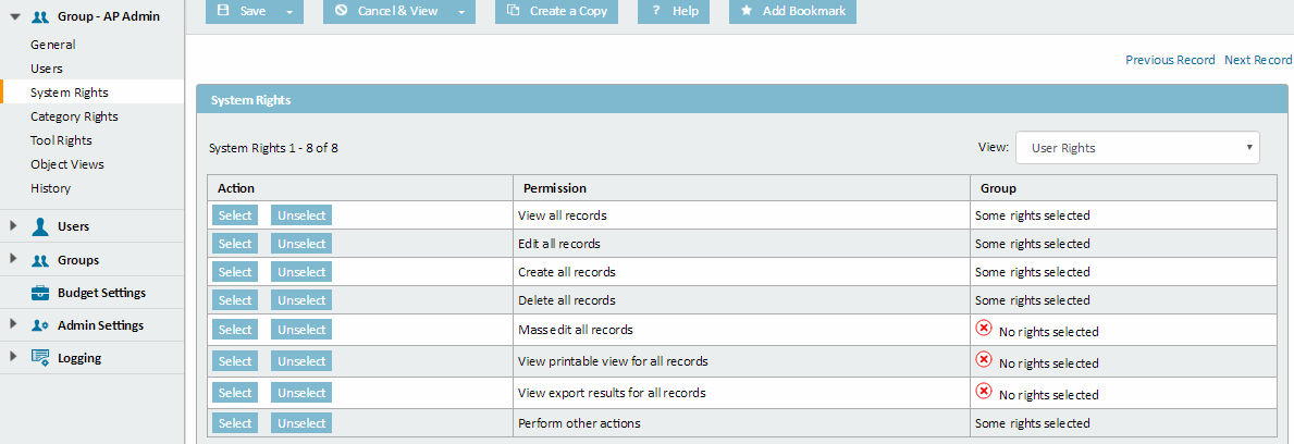 Group Record - System Rights Page, All User Rights View