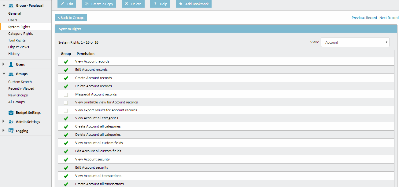 Group Record - System Rights Page for Accounts