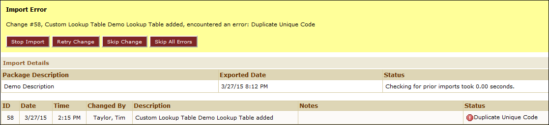 Import Error Options