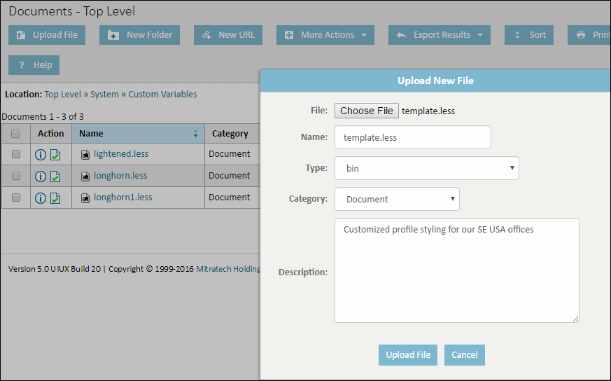 Uploading a LESS file to Custom Variables