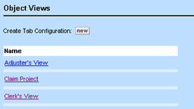 Object Views Tab (Adjuster's View is the Custom View and Clerk's View is the System View)