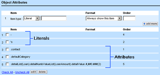 Literals and Object Attributes on Name Tab