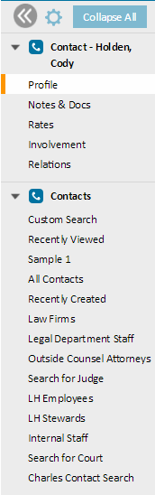 Links for Each Page in the Left Pane of a Contact Record