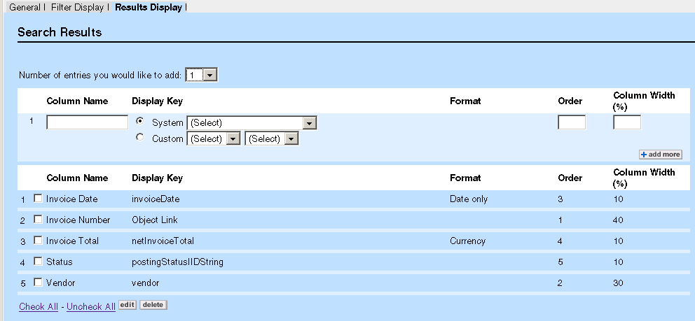 Results Display Tab with a Display Columns List under Display Key