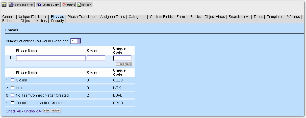 Phases Page of the Object Definition