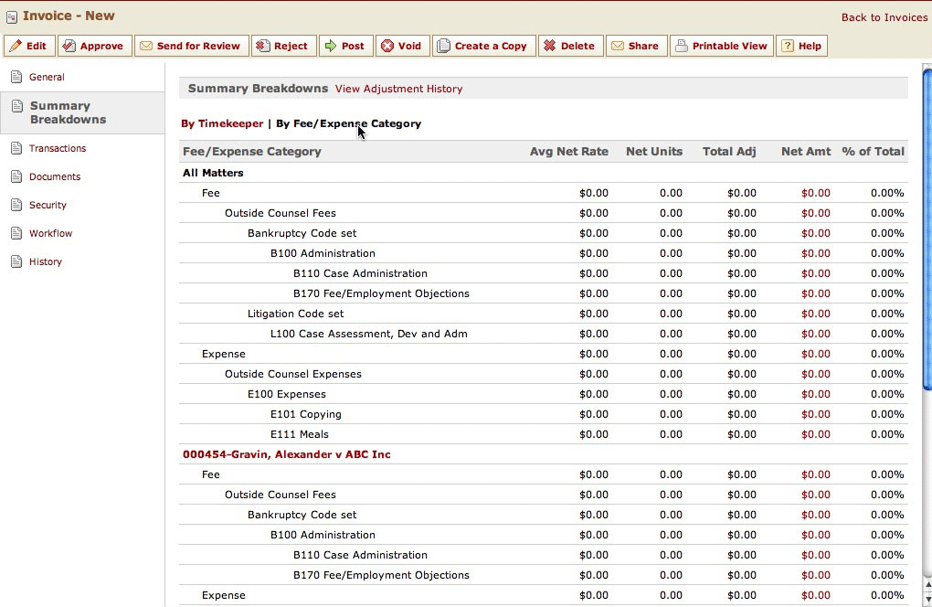 Summary Breakdowns Page - By Fee/Expense Category