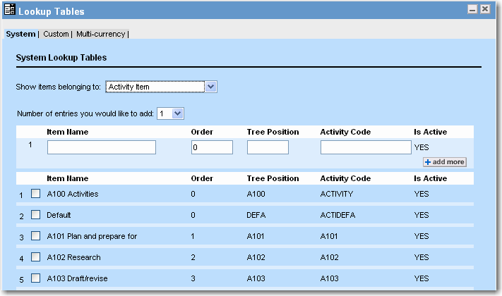 System Lookup Tables Screen