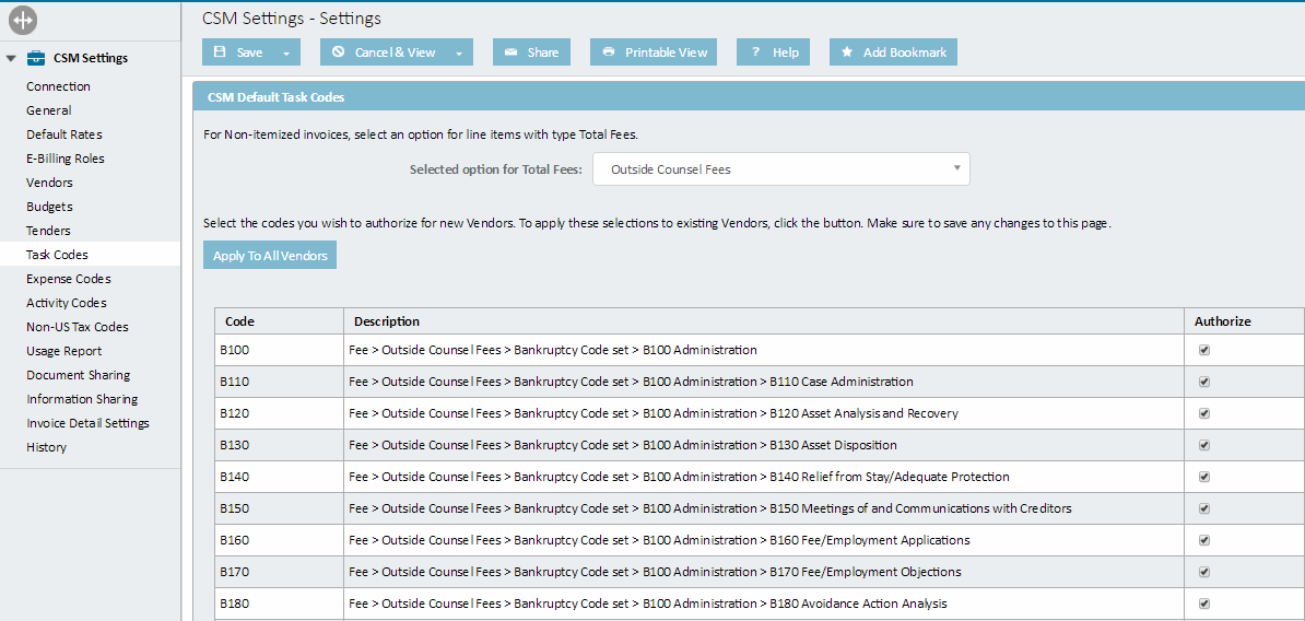 CSM Vendor - Task Codes Page