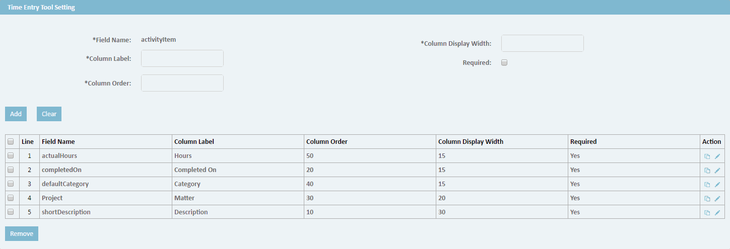 Time Entry Settings, Time Entry Tool Setting Section