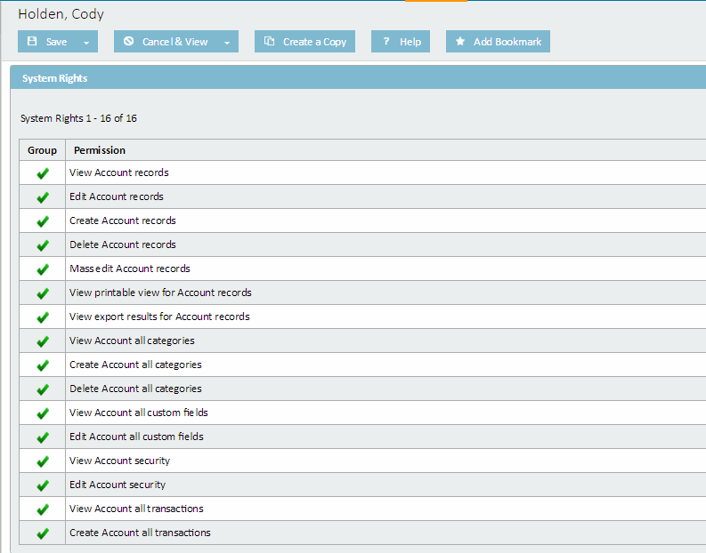 User Record - System Rights Page for Contact Rights (Edit Mode for Users Created in TeamConnect 2.5 SP4 or Earlier)